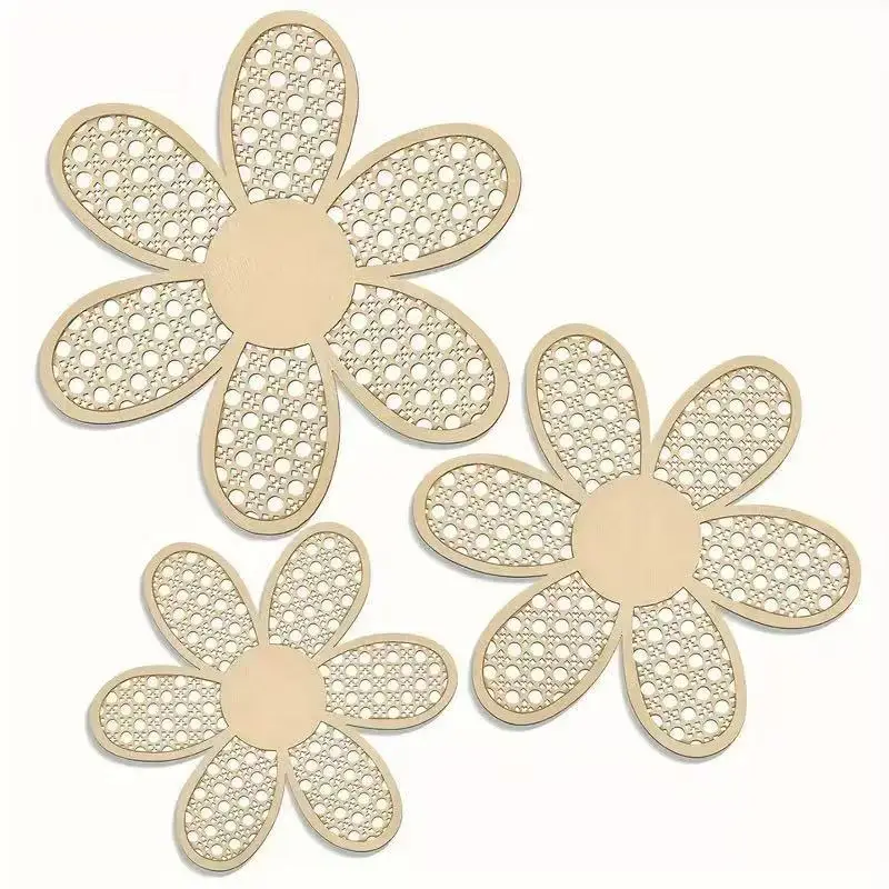 Bohemian Daisy Wall Decoration, Wooden Rattan-Like Pattern Wall Art Hanging Piece, Home Living Room Wall Decoration
