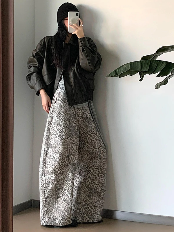 American Retro Leopard Print Wide Leg Low Waist Jeans Women's Autumn 2025 New Sle Loose Fit Floor Length Scythe Pants