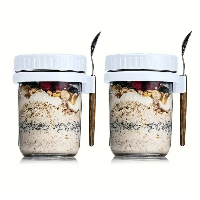 

Overnight Oats Container with Lid and Spoon Portable Breakfast Oatmeal Cereal Nut Yogurt Cup 300ML Fruit Salad Food Storage Box