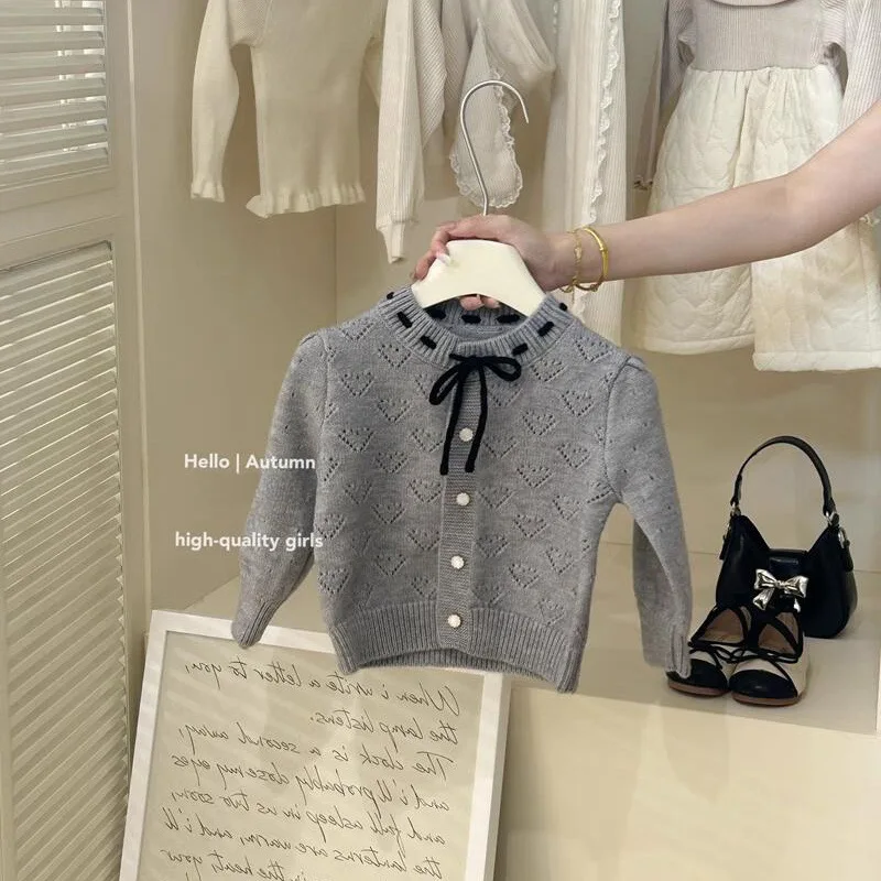 Girls Set 2026 Autumn Winter New Grey Knitted Long Sleeve Sweater Pleated Skirt Baby Two Piece Set Trendy