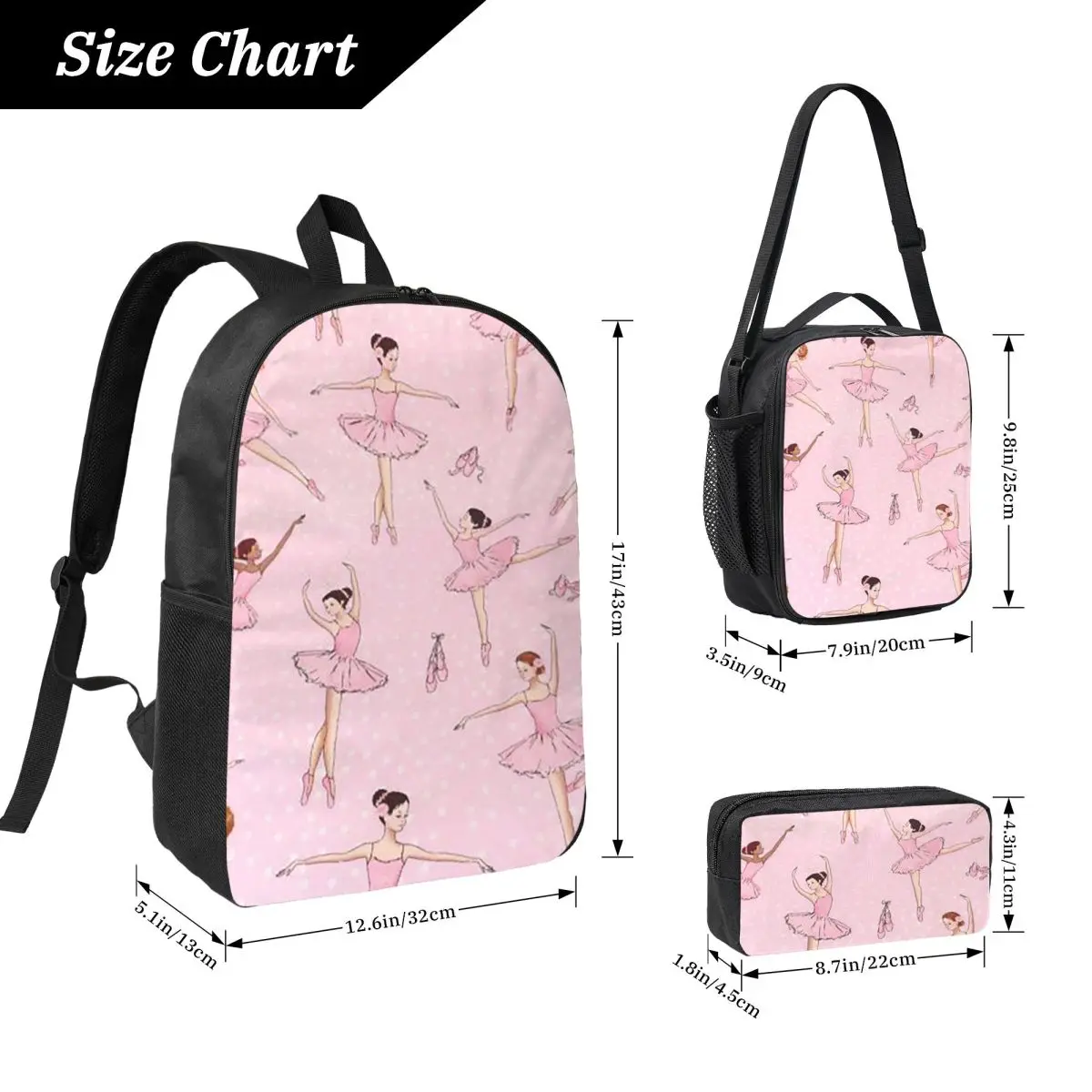 Ballet Dance Makes Me Free Ballerina Dancer Backpack BookBag School Bag Shoulder Bags 3ps Insulated Lunch Bag Pencil Case