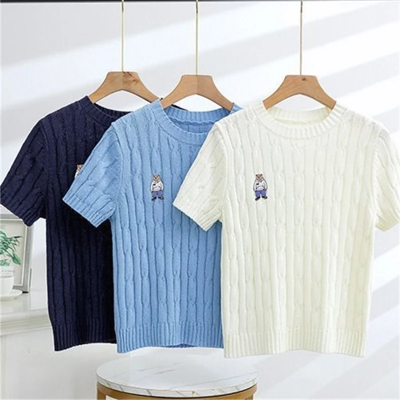 

Новинка 2025, тонкий ор Све, круглый вязаный свитер Ne, хлопковый женский универсальный утягивающий топ с вышивкой, весенний су...