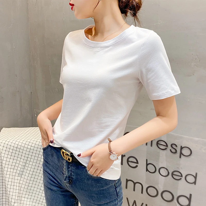 Cotton White T-shirt Women Short Sleeve Loose Thin Section Bottom Shirt Inside Solid Color Slim Tops Blouse