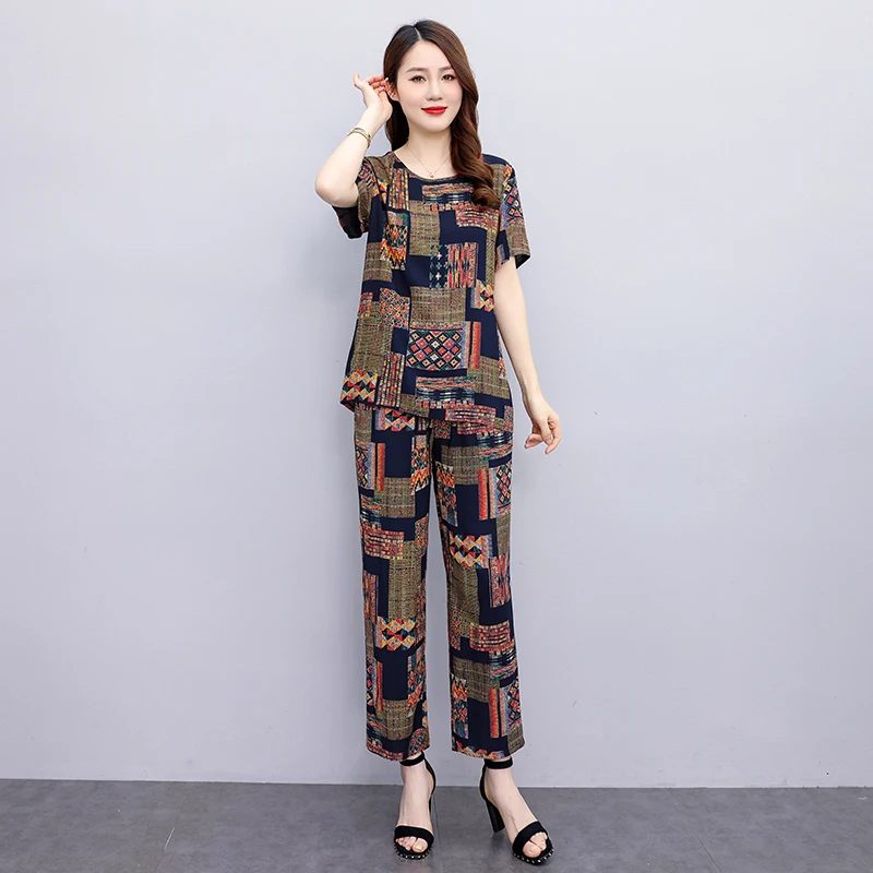 Women Two Piece Outfits 2023 Summer Women\'s Suit Chic and Elegant Woman Pants Set Loose Printing Casual Blouse