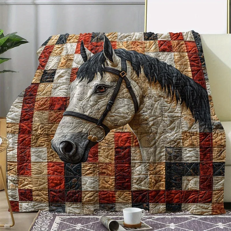 1pc Stylish Zodiac Horse Animal Realistic 2D Printed Blanket Warm Comfortable Soft Flannel Throw for Sofa Bed Car Office Camping