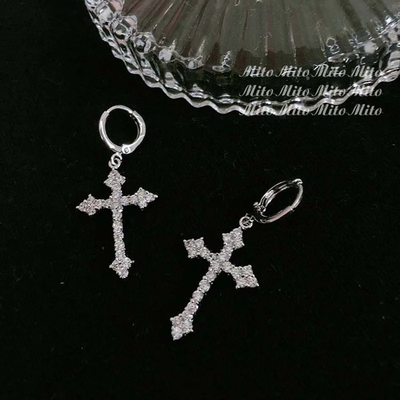 Pendientes de Cruz de diamantes de imitación góticos Y2K para mujer, pendiente de gota de Cruz de circón Kpop, pendientes Grunge Egirl, accesorios