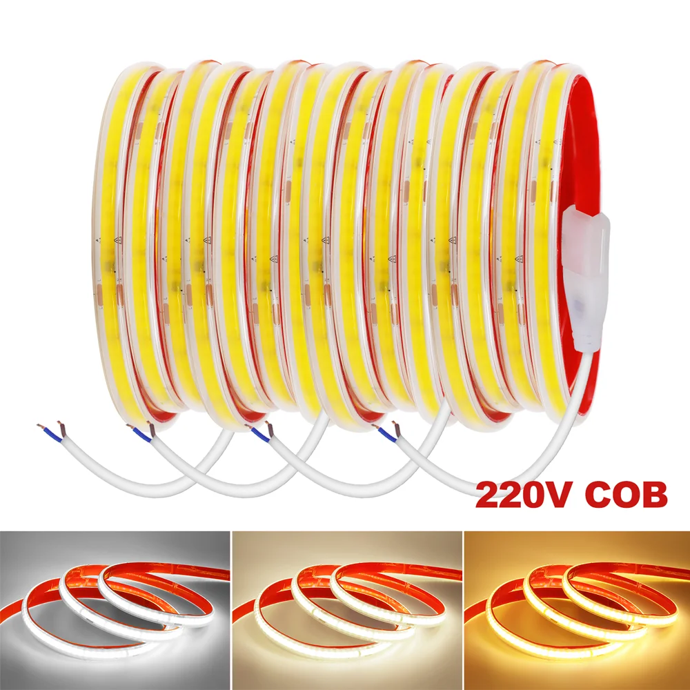 IP65 Waterproof COB Strip 220V 240Leds RA90 Flexible Ribbon Rope LED Light 3000K 4000K 6000K Self-Adhesive Tape Kitchen Lighting