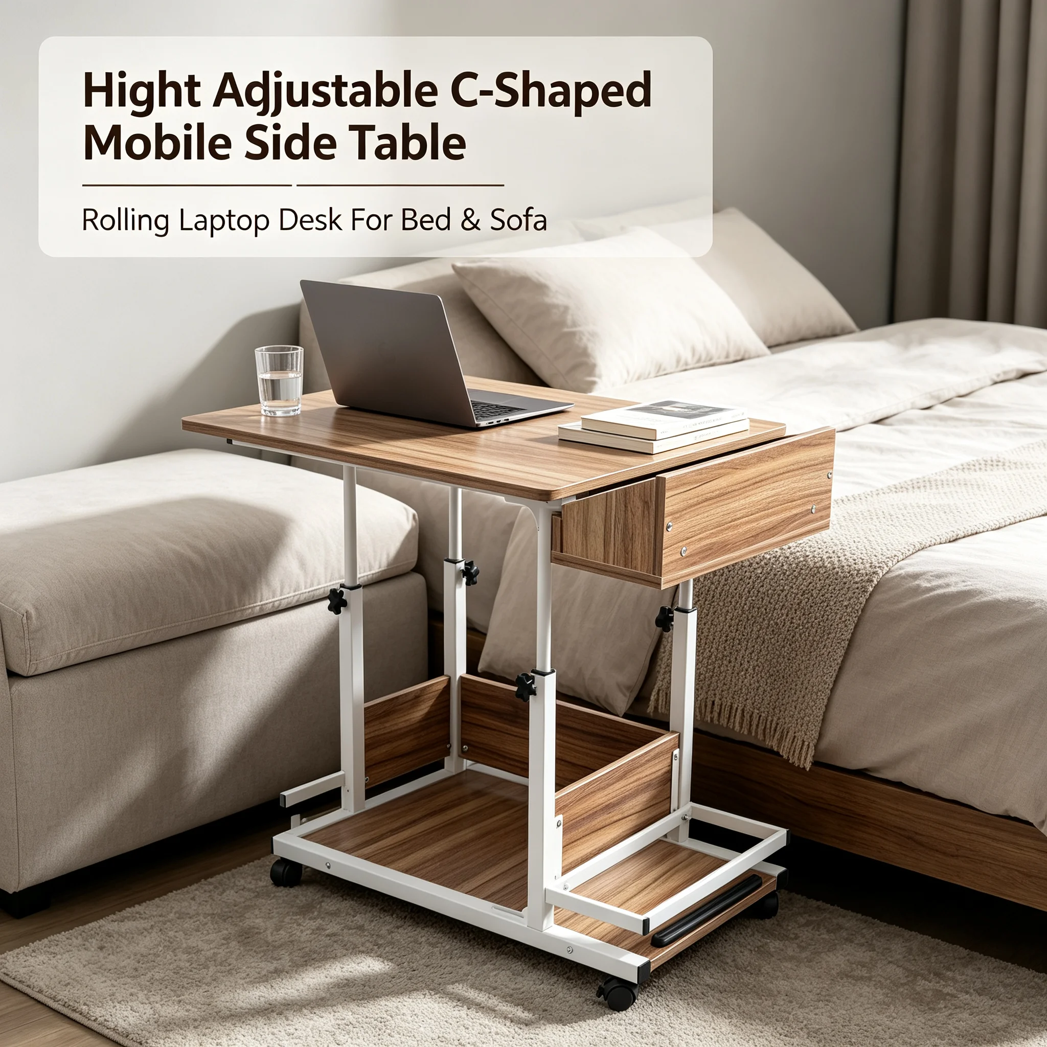 Mobile C-Shaped Side Table with Wheels, Adjustable Height 55-80cm, Lockable Casters & Side Storage for Bedroom Office Study, Antique Oak