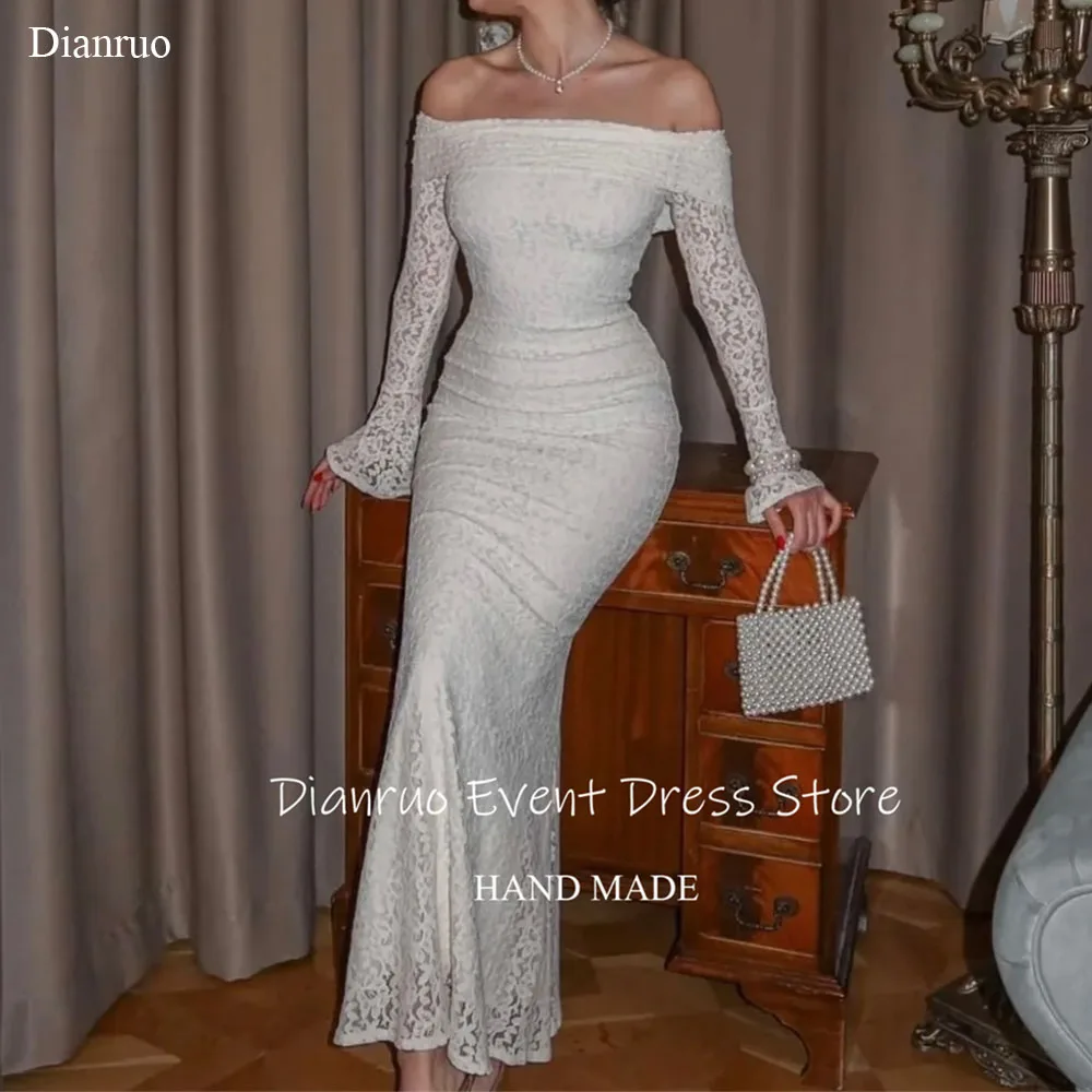 

Dianruo Белые вечерние платья русалки Кружева с открытыми плечами и аппликациями Vestidos De Novia Расклешенные рукава-колокольчики Пром платья по индивидуальному заказу