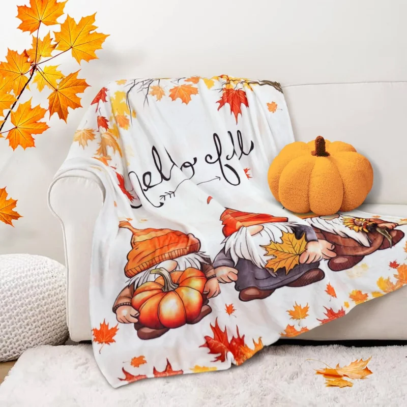 

Cute Gnome Blanket Autumn Thanksgiving Orange Blanket for Couch Bed Chair