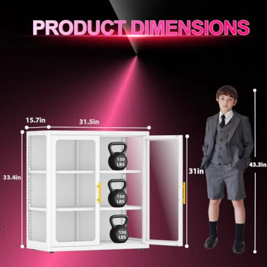 34 Display Cabinet with Glass Doors for Collectibles, White MDF with LED Color Lights, 4-Tier Glass Display Case with Adjustabl