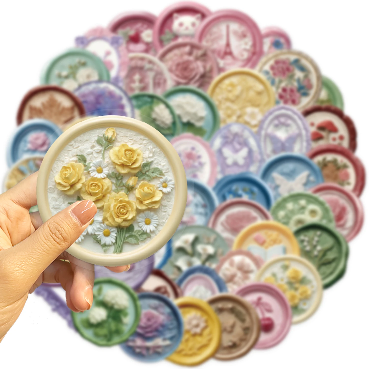 50pcs Retro Classical Wax Seal Art PET Stickers Waterproof PVC Snowflake Butterfly Love Moon DIY Phone Case Scrapbook Envelope