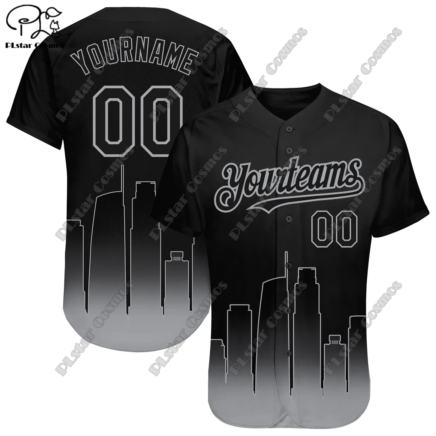 Unisex 3D impressão Baseball Camisas, Nome personalizado, preto, vermelho, cinza, Cidade Silhueta, Gradiente Fade, Moda