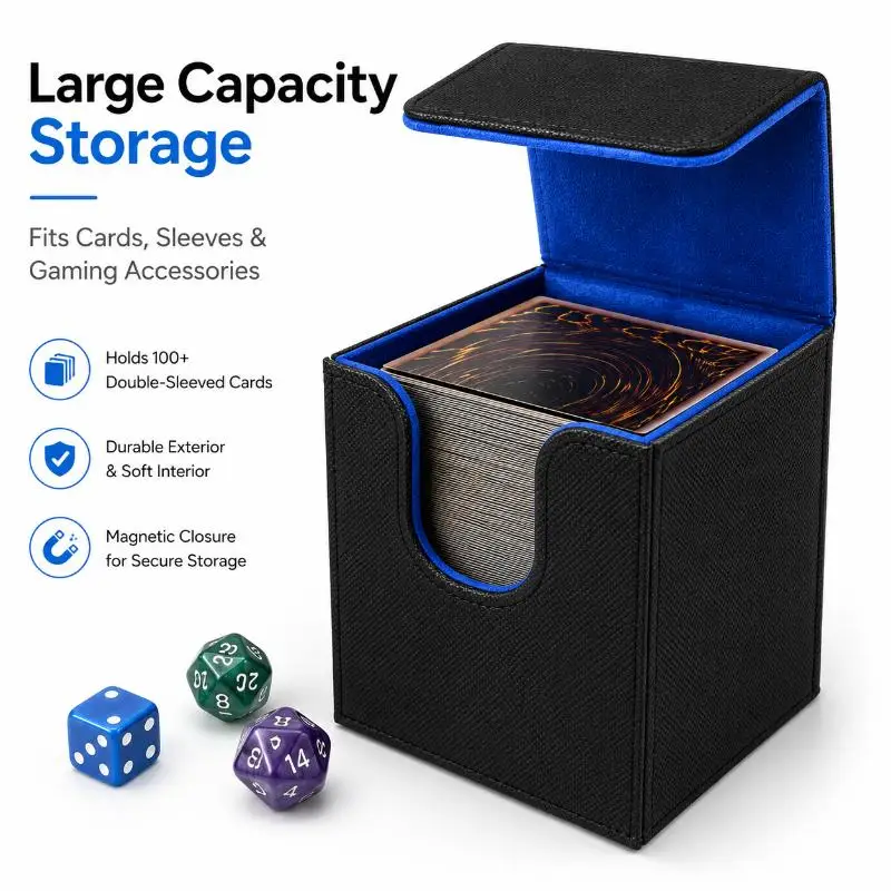 Card Deck Box PU Leather Trading Card Case Magnetic Storage Holder Fits 100+ Sleeved Cards For TCG CCG Game Cards Organizer