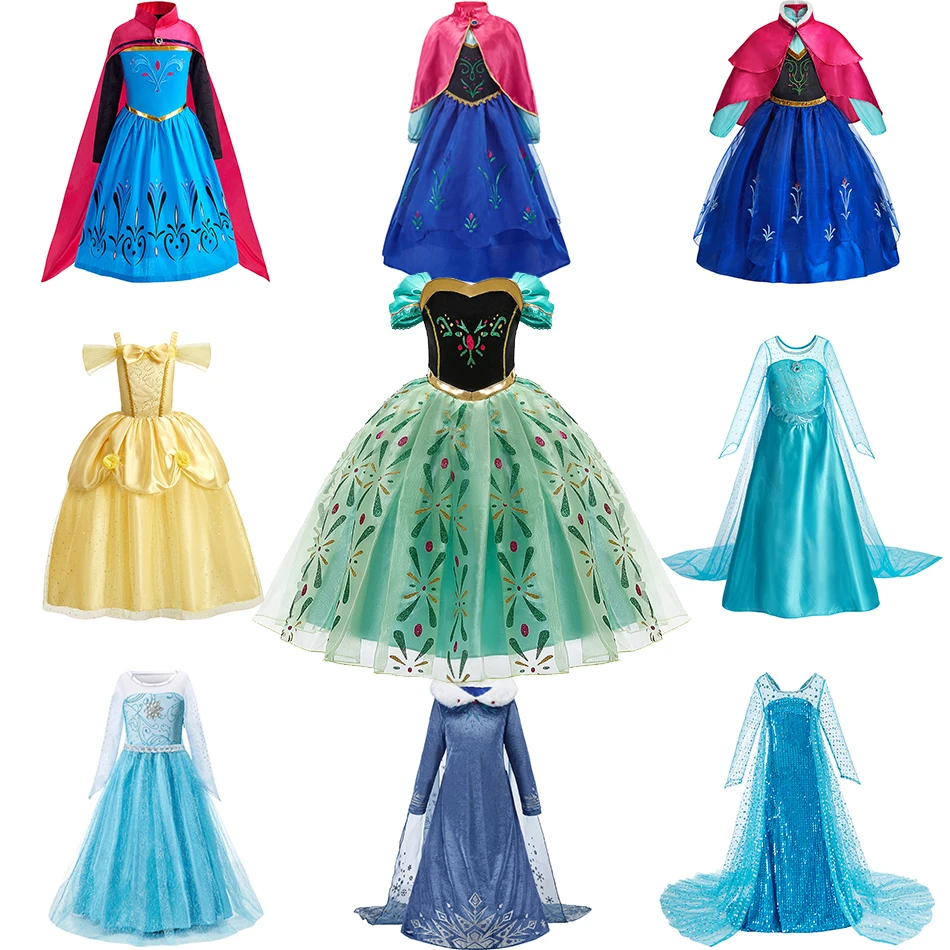 Kids Princess Dress Children Snow Queen Flower Belle Costume Girls Elsa Anna Party Disguise Halloween Cosplay Clothes 3-10 Years