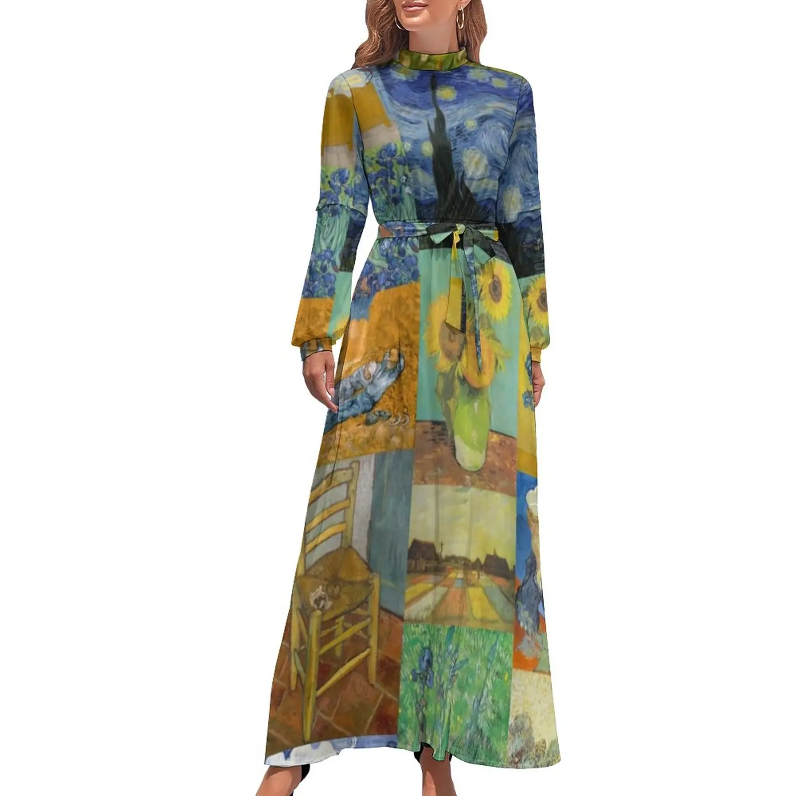 

Van Gogh Collage Dress High Waist Sunflowers Print Custom Boho Beach Dresses Long Sleeve Aesthetic Long Maxi Dress Sexy Vestido