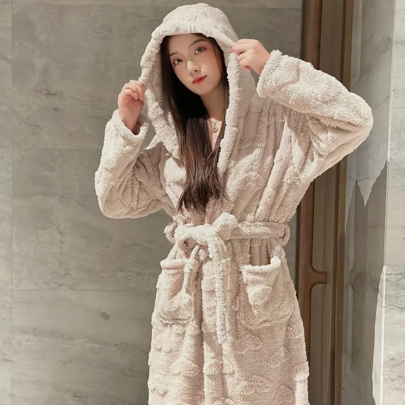 2026 Winter Women's Thick and Extended Bathrobe Flannel Couple Yukata Women's Hooded Large Size Coral Fleece Student Pajamas