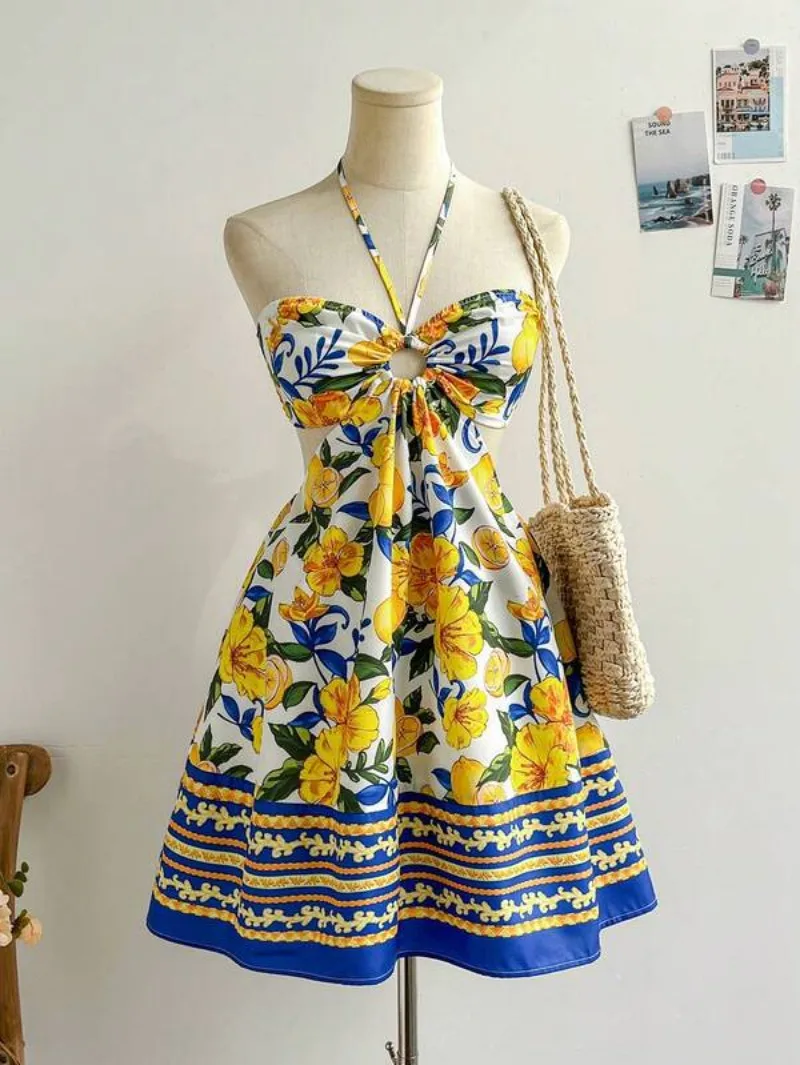 Sommerliches Damen-Minikleid im Boho-Stil mit Blumenmuster, Neckholder, O-Ring-Ausschnitt an der Taille, ärmellos, A-Linie, fließendes Kleid, Strandkleid mit Print – Detail 13