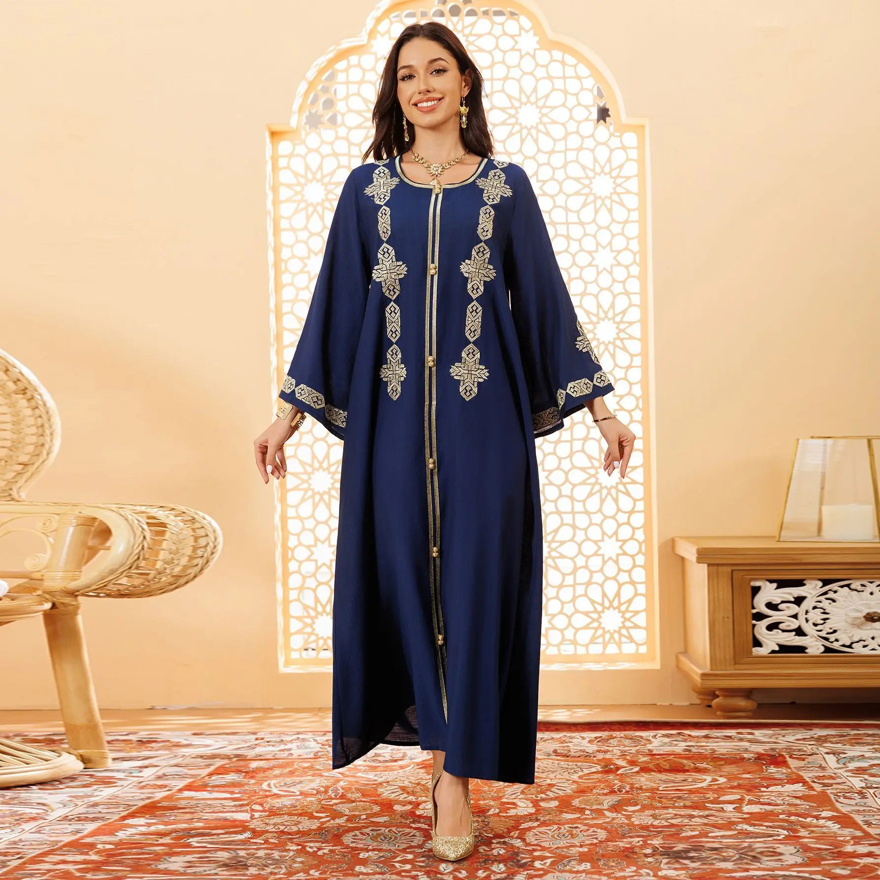 AB428 Robe muçulmano Dubai vestido bordado roupas árabes Jalabiya