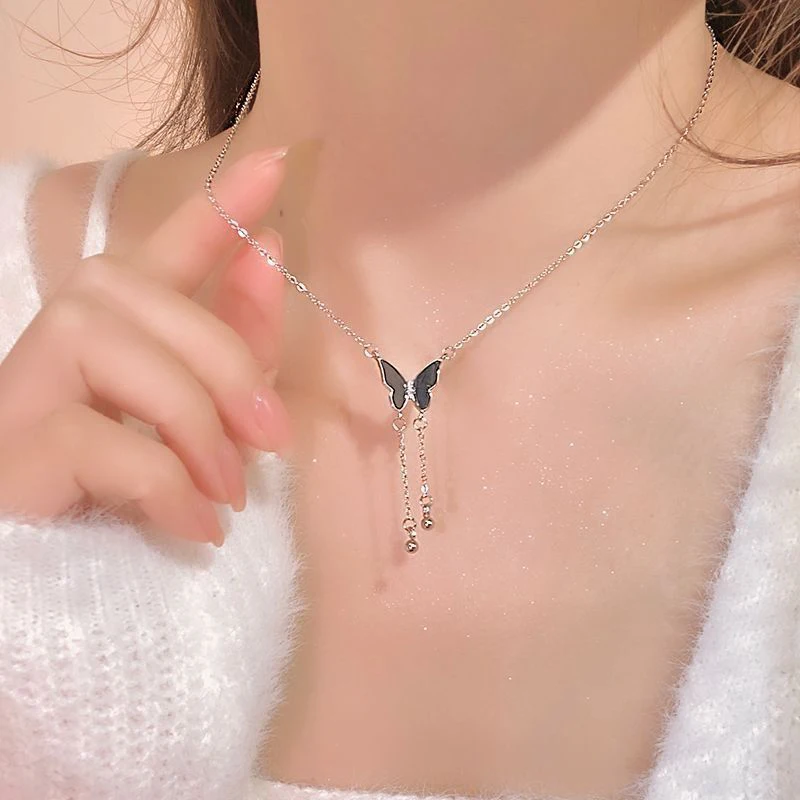 Drops Oil Layer Retro Necklace Black Butterfly Tassel Necklace Clavicle Chain Jewelry For Women Personality Fashion Necklace