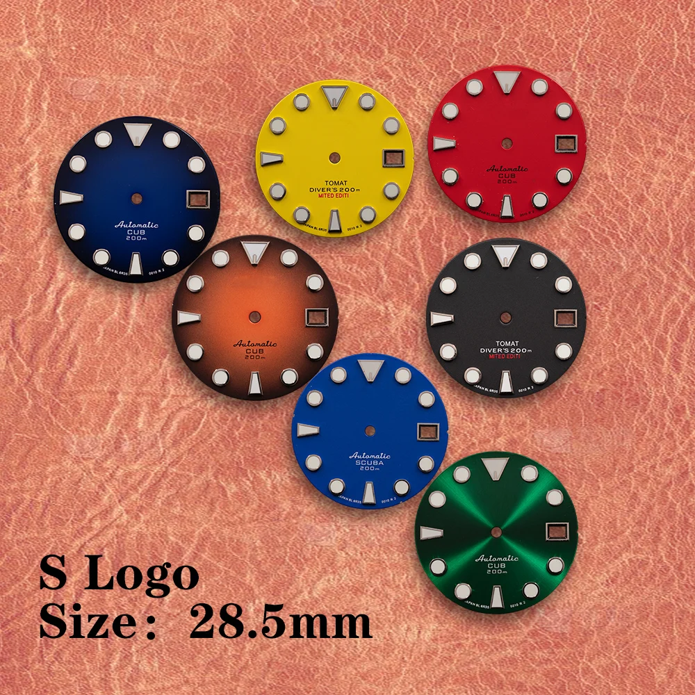 Mostrador de relógio de mergulho com logotipo S de 28,5 mm, mostrador vermelho automático TOMAT, adequado para movimento NH35, acessórios de modificação de relógio com luminescência verde C3.