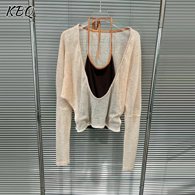 

KBQ Hit Color Loose Spliced Lace Up Design Sense Shirts for Women Halter Long Sleeve Casual Loose Short Blouse Female Fashion