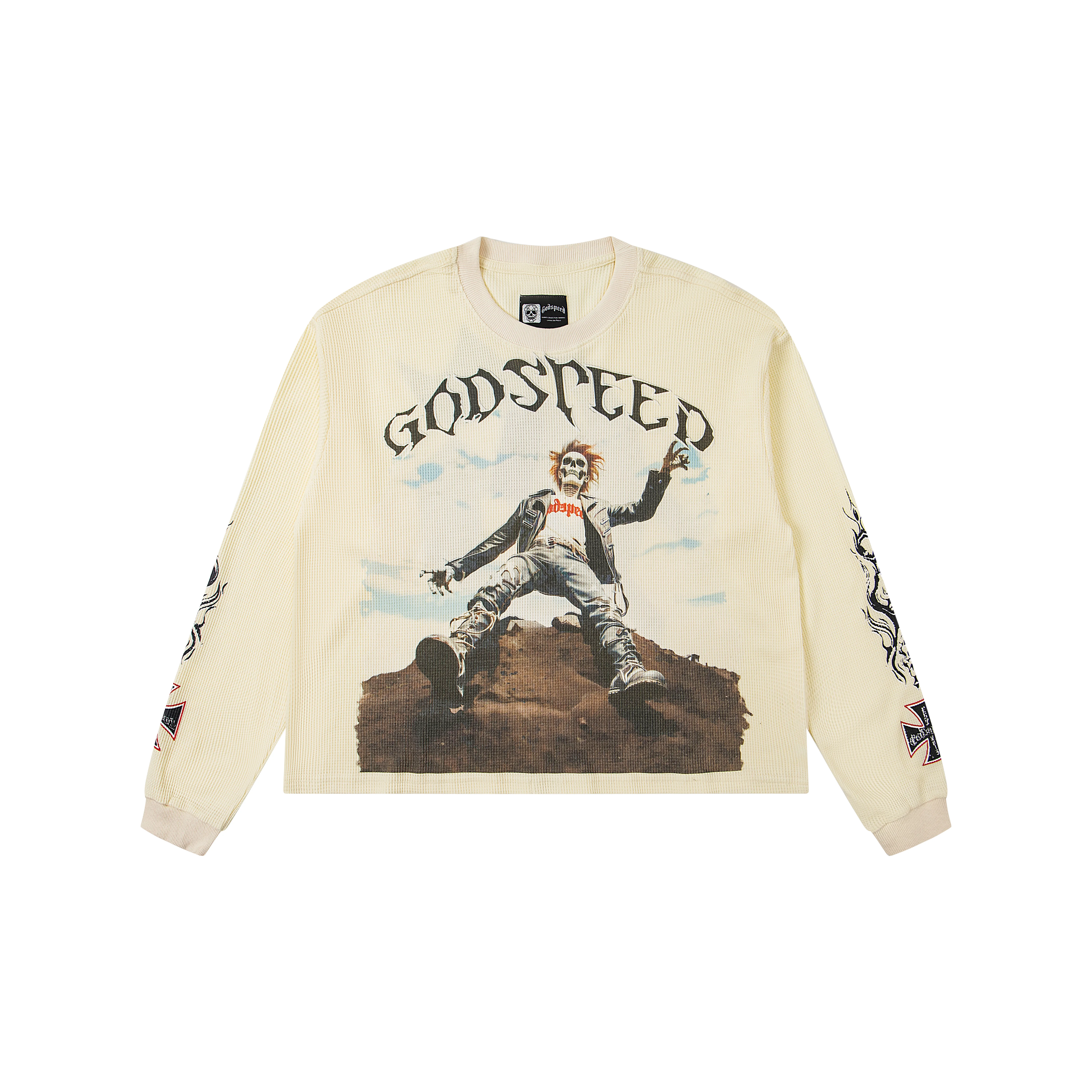 Godspeed Skeleton Man Ins Printed Casual Loose Long Sleeve Cotton T-Shirt Unisex Streetwear Citywalk Daily Wear Vintage Pattern