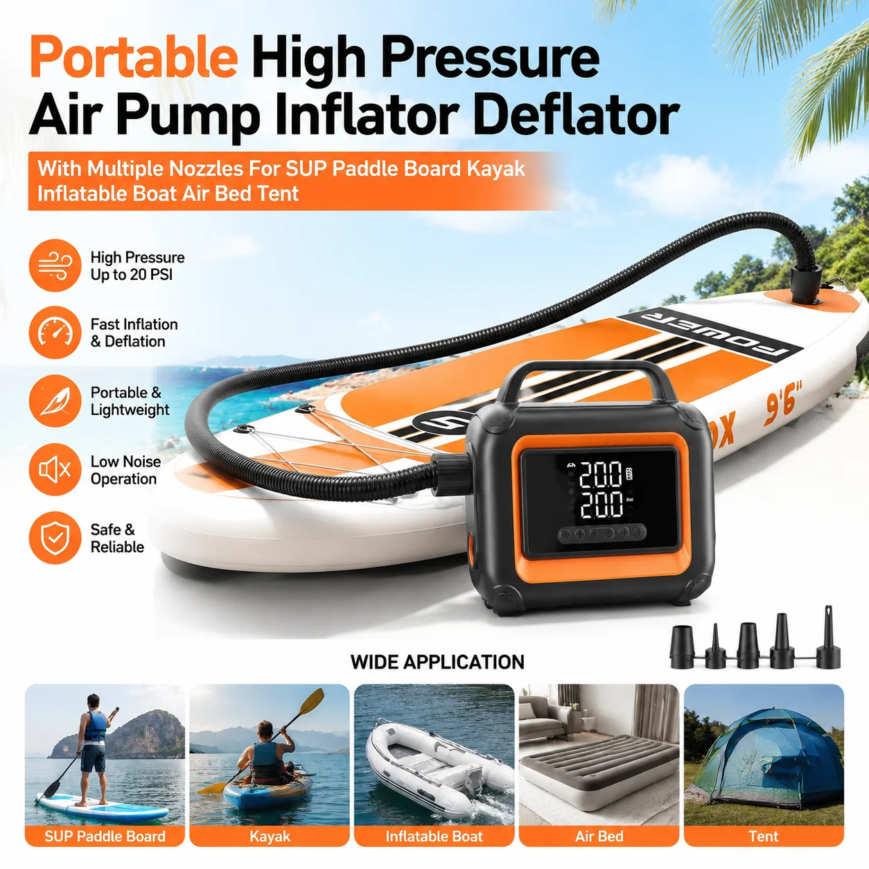 Portable Car Battery Jump Starter With Multiple Nozzles For SUP Paddle Board Kayak Air Bed Tent