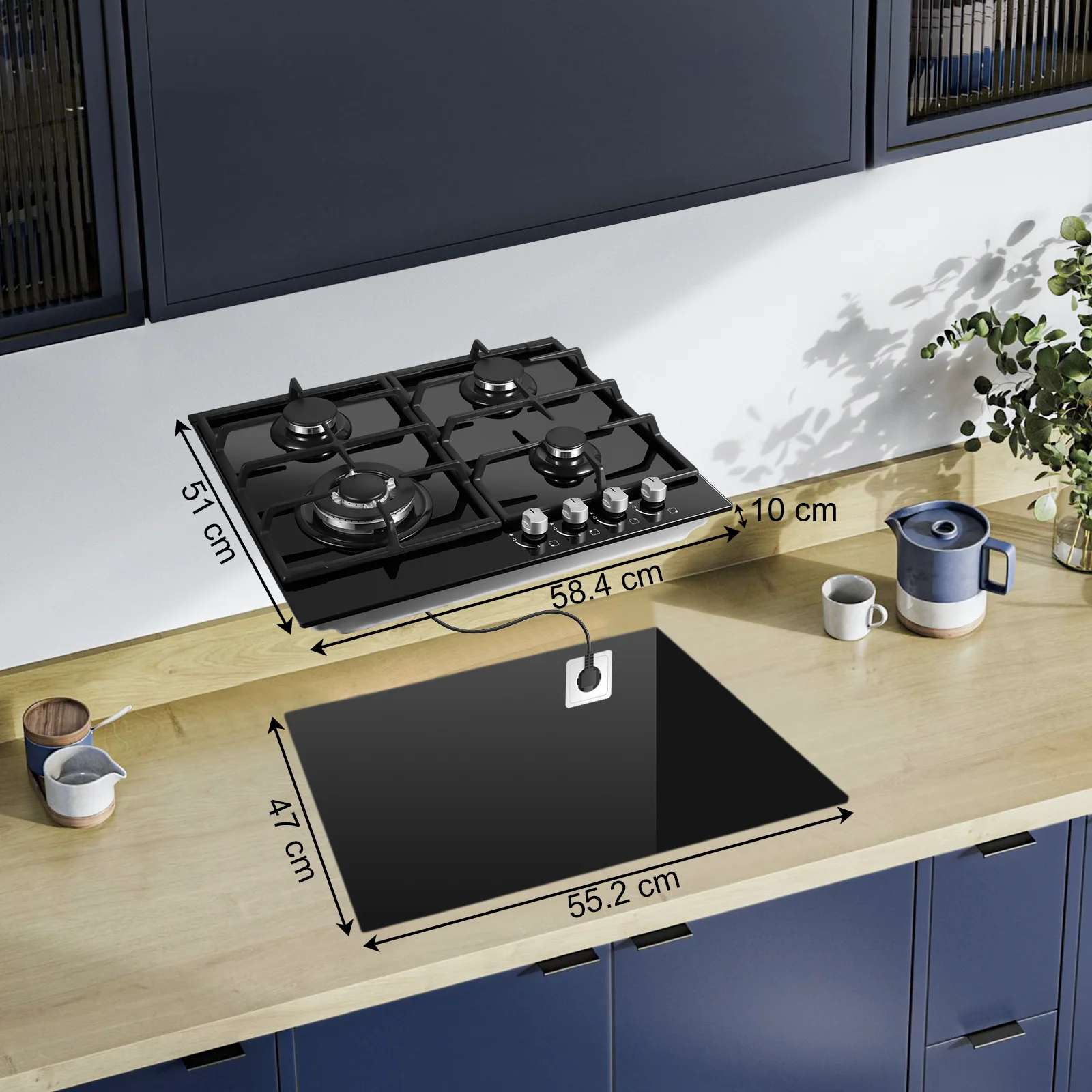  موقد غاز 58 سم | 4 شعلات مزدوجة الوقود (NG/LPG) 8060 واط إيقاف اللهب التلقائي وسطح الزجاج المقسى | مدمج/ قائم بذاته 220-240 فولت #3