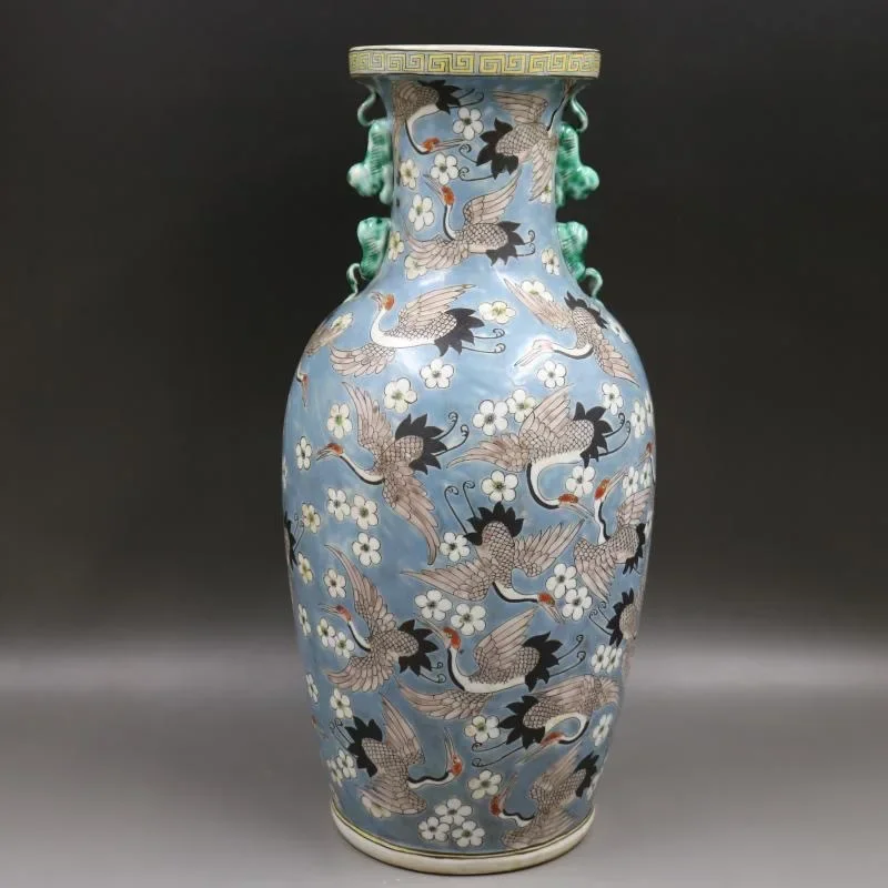 CLL Daqing Kangxi Blue Ground Pastel Hundred Cranes Pattern Lion Ear Bottle Chinese Ornament Wenwan Porcelain