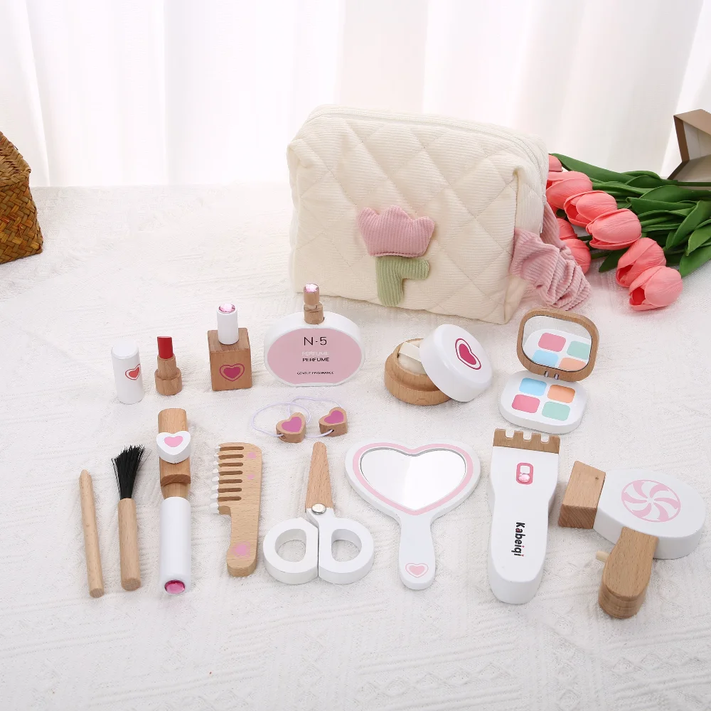 حقيبة مكياج للأطفال، لعبة اللعب، أداة مكياج محاكاة الأميرة الخشبية، هدية للفتيات الصغيرات #1