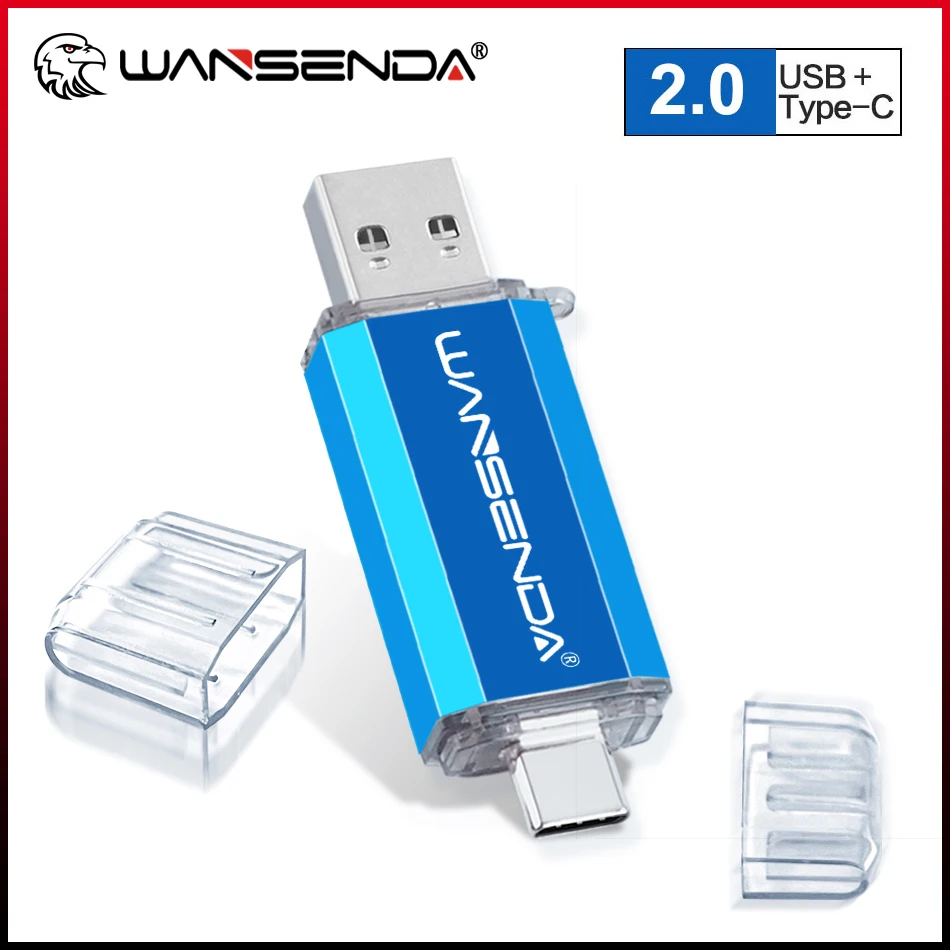 WANSENDA Type C Smart Phone USB 2.0 Flash Drive Metal Pendrive 8G 16GB 32GB 64GB 128GB 2 IN 1 Pendrive Memory Stick Thumbdrive