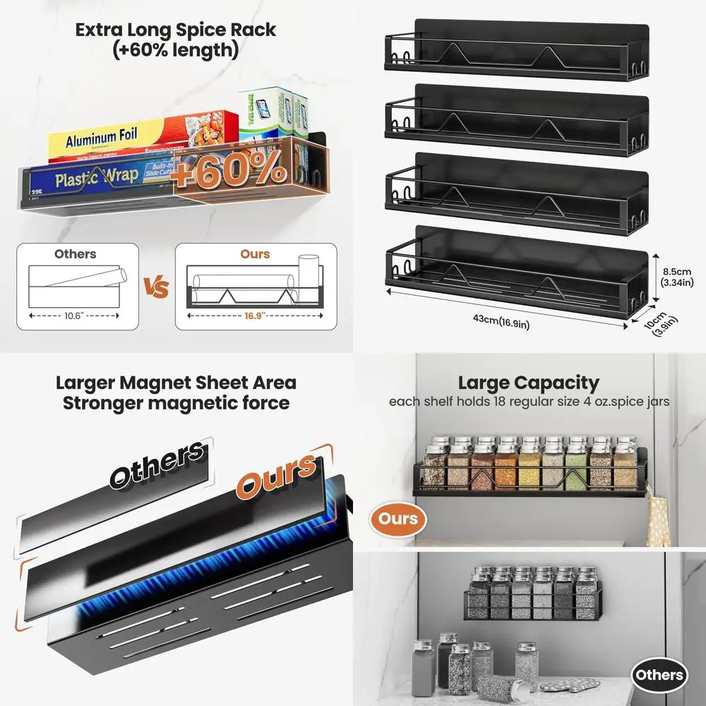 

4-Pack Black Metal Refrigerator Spice Racks, 16.9 Wide, Large Capacity Magnetic Shelves