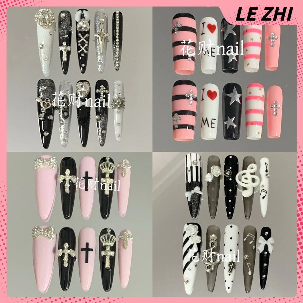 

10Pcs Y2K Bowknot Wings Musical Notes Handmade Almond Wearable Press On Nails Diamond Star Polka Point Flower Full Cover Nail