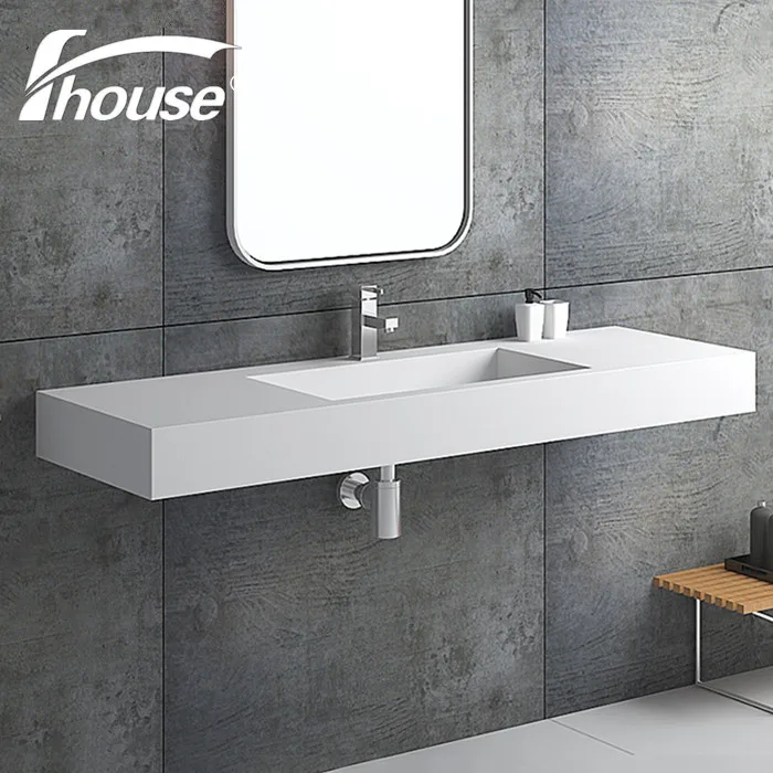 Modern Wall-hung Hotel Use Rectangle Solid Surface Polished Bathroom Sink With Drainer And Stone Basin