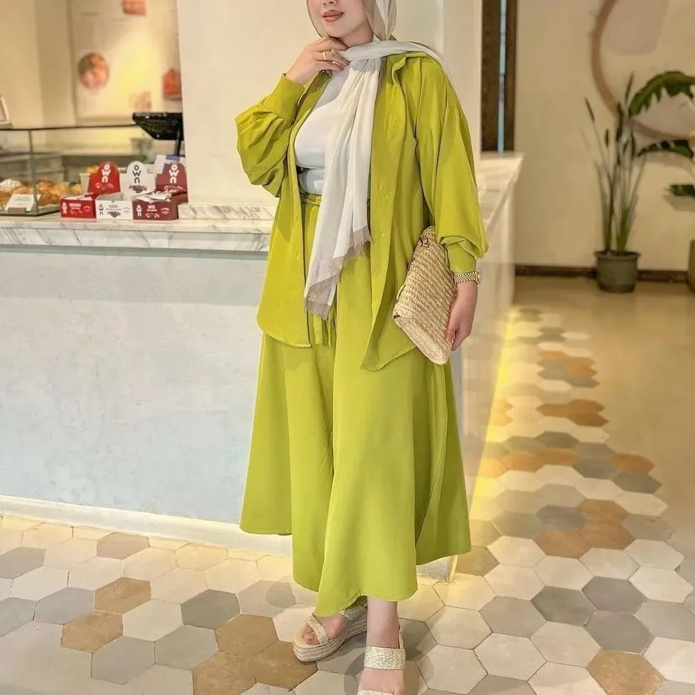 Women Eid Muslim Sets Two Pieces Arab Kaftan Ensemble Button Blouses Loose Skirts Islam Solid Color Casual Morocco Ramadan