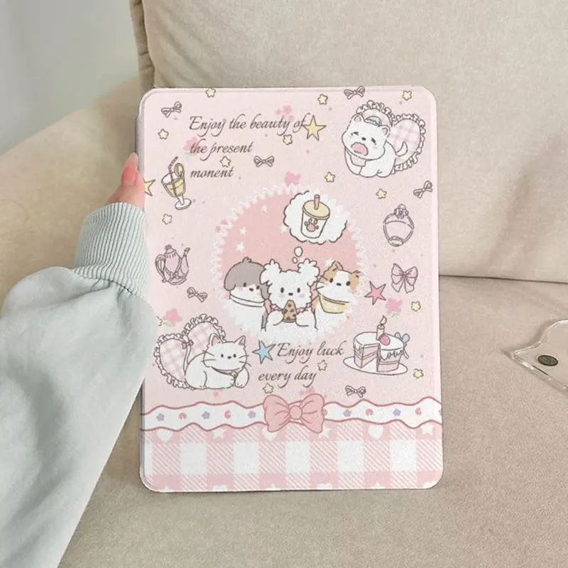 Cute Cat Dog Pink Tablet Case For iPad Pro 11 12.9 13 A16 M2 M4 M3 M5 Shell 9.7 10.2 5/6/7/8/9/10/11th Mini Air 3 4 5 6 Cover