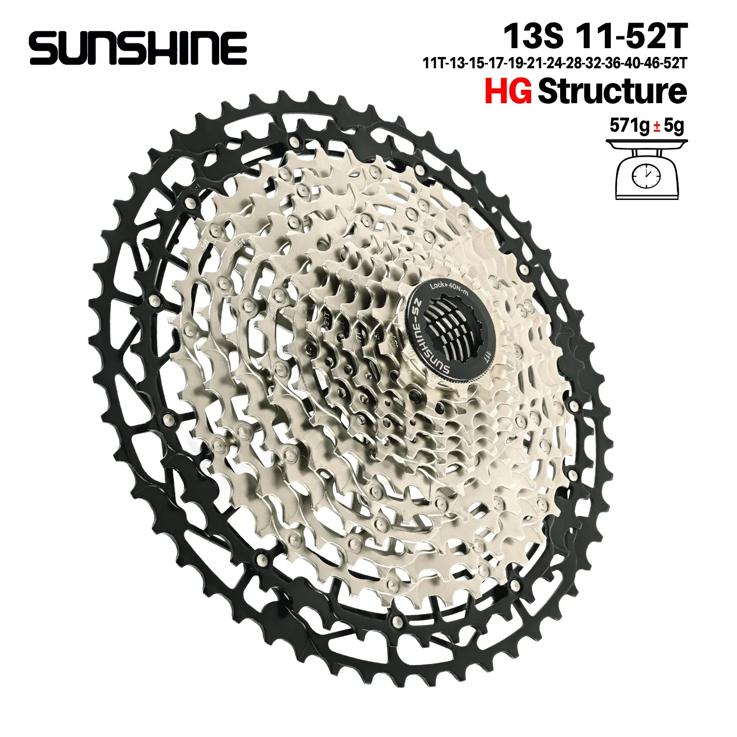SUNSHINE Ultraleichtes Fahrradkassetten-Freilauf, Kohlenstoffstahl, Material 9/10/11/12/13 Geschwindigkeit, HG-Struktur, Kettenrad für Mountainbike