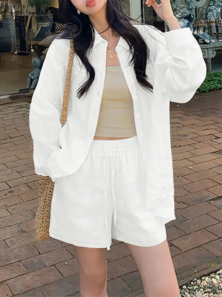 

ZANZEA Женские повседневные комплекты из 2 предметов Свободные рубашки с длинными рукавами и шорты с эластичной резинкой на талии Костюмы из 2 предметов с морщинистой текстурой Однотонные короткие комплекты