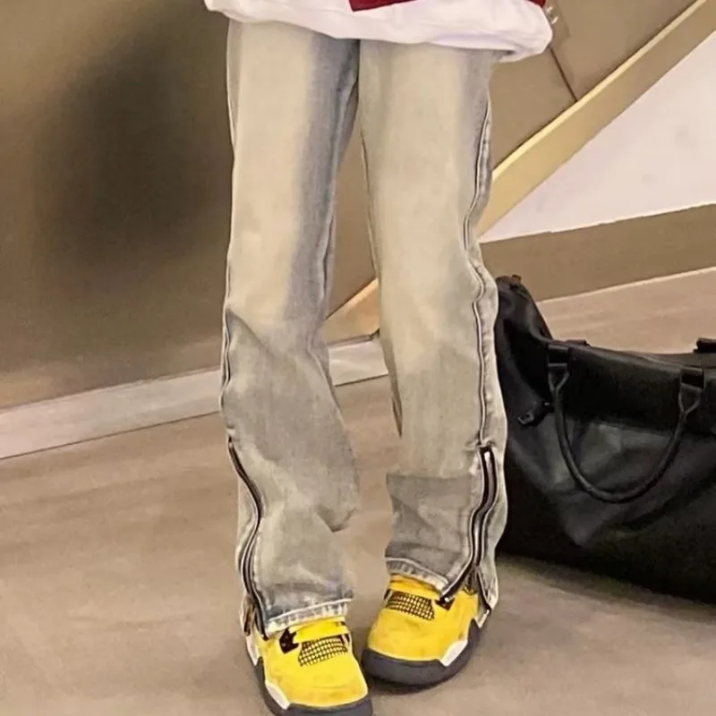 

Джинсы из тонкой джинсовой ткани с желтым окрашиванием, на молнии, в американском стиле, для мужчин и женщин, летние, свободные, прямые, модные, длинные брюки