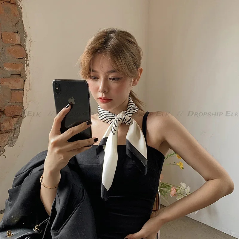 Quadratischer Seiden schal schwarz-weiß gestreifter Kopf wickel für Frauen Multifunktions-Seiden gefühl Halstuch