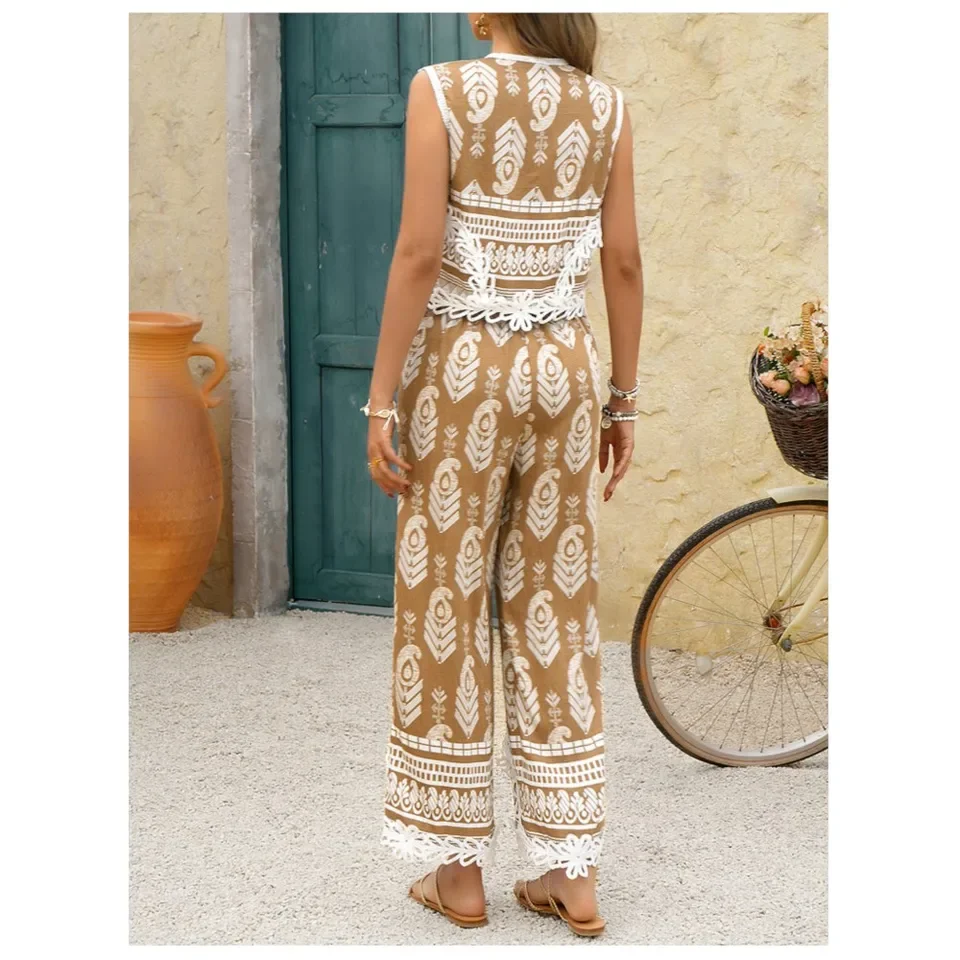 Pair Casual Printed Vacation Trousers Women's New Summer Fashion Lace Patchwork V Neck Trousers Pair Office Trousers Female 2025