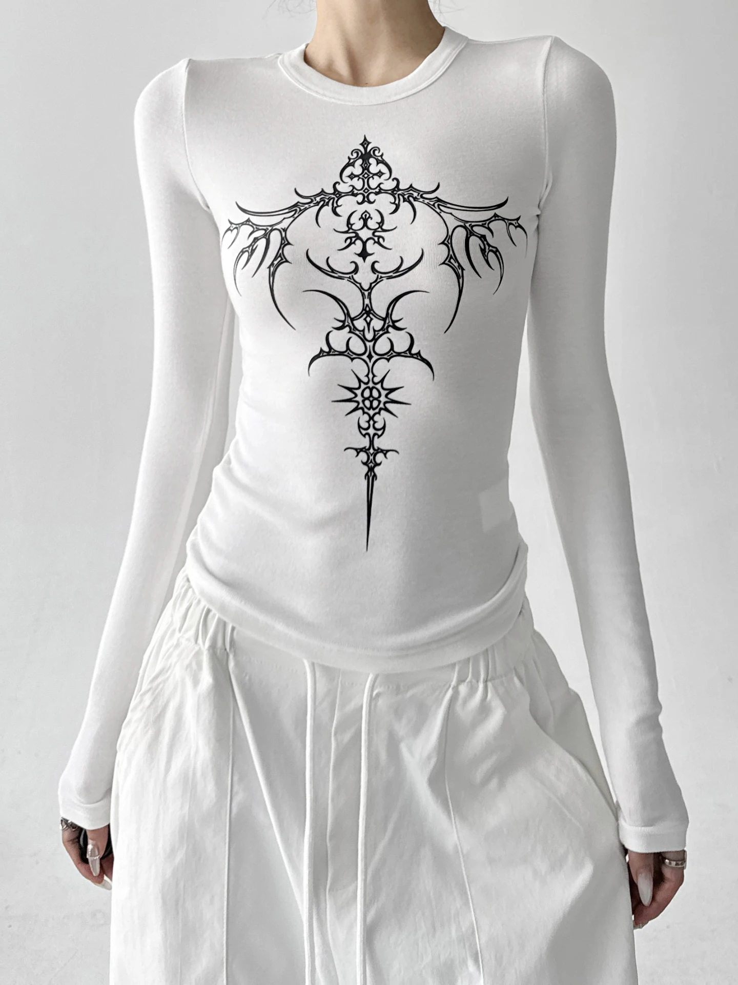 American High Street Spicy Girl Cross White ort Sve T-irt Women's Autumn Winter Slimming Waist-Cinching Top