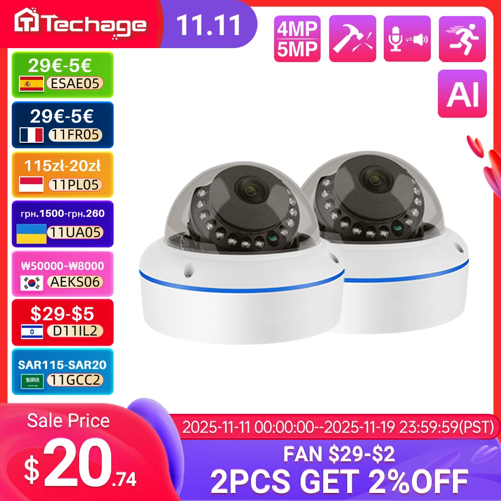 

Techage HD 5MP Security POE IP Camera Indoor Dome Vandal-proof Home Infrared Night Vision One-way Audio AI Detection Smart Cam
