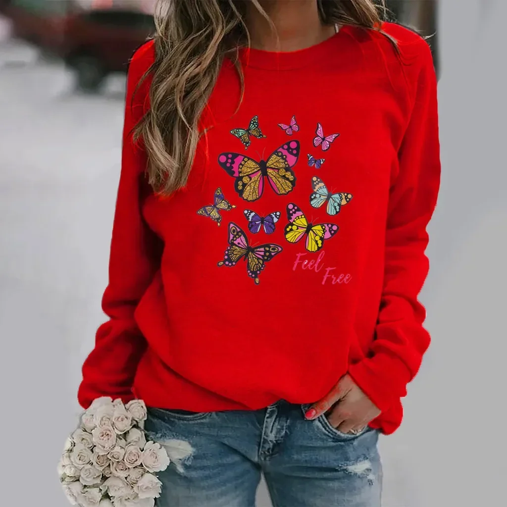 Butterfly Print Long-sleeved Crew-neck Hoodie Woman Streetwear Women  Sweatshirt  Aesthetic  Sweatshirts