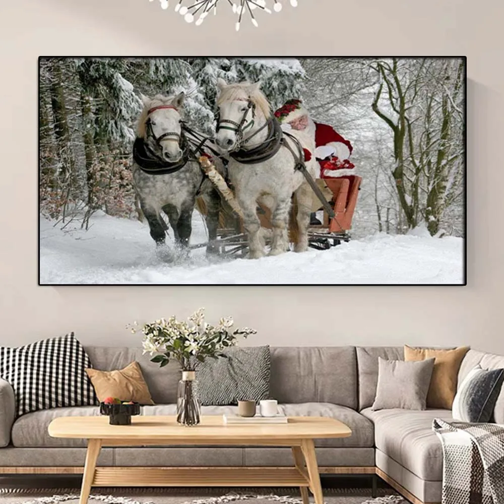 Santa Claus Riding Horses Landscape Poster,Winter Snowman Forest Christmas,For Modern Living Room,Canvas Paintings,Home Decor