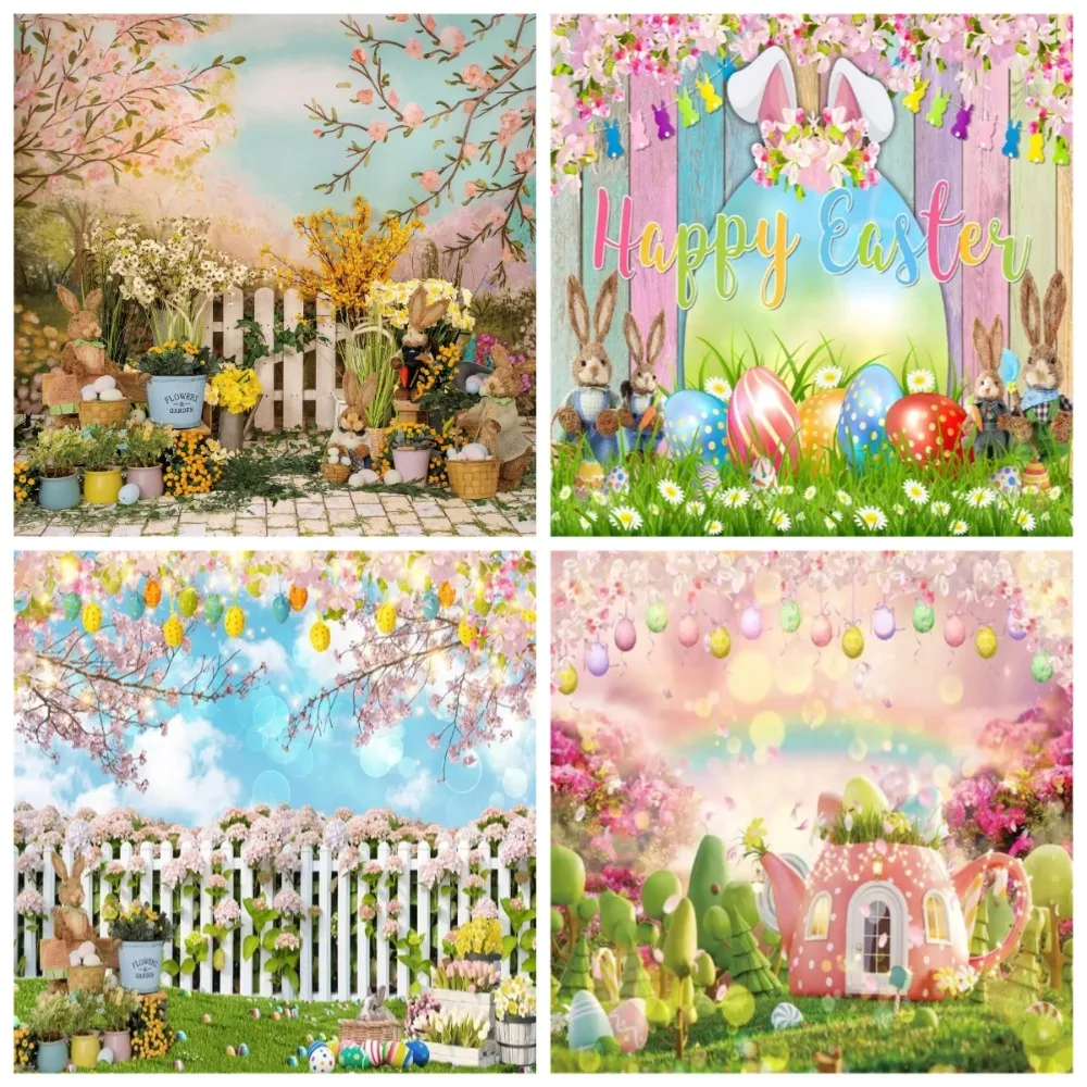 

Spring Easter Happy Shooting Background, Rabbit Easter Egg Flower Wooden Board Green Grass Children's Portrait Shooting Backdrop