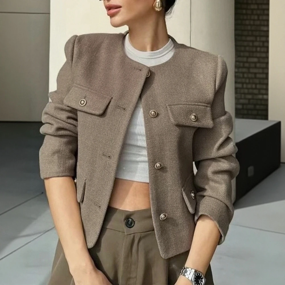 

Women's Elegant Edgy Buttoned Long Sleeve Mini Coat Autumn Winter Plain round Neck Commute Outerwear