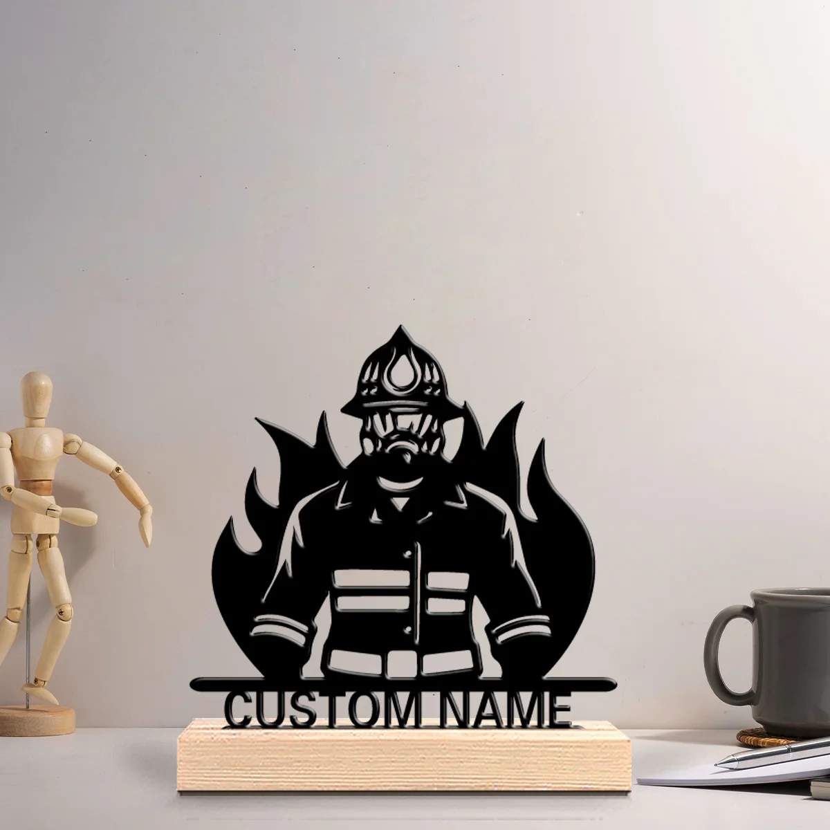 1pc Stylish Personalized Custom Firefighter Metal Statues Metal Art with Wooden Base With a Male Theme, Desktop Decoration, and