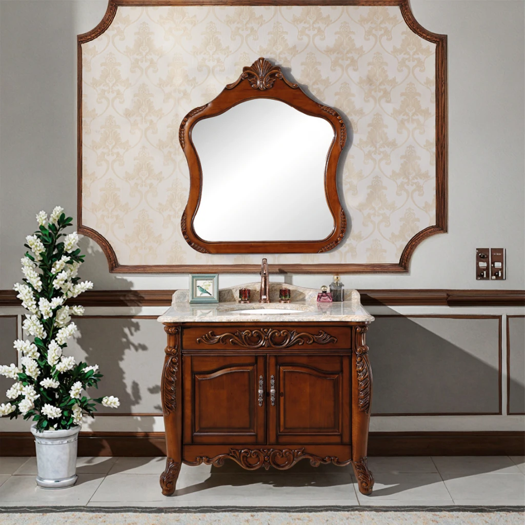 European Designed Solid Wood Bathroom Cabinet Lacquer Treated MDF Carcase With Bath Mirror Marble Countertop For Hotel Villa Use